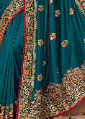 Teal Blue Zari Woven Spun Silk Saree With Blouse Piece