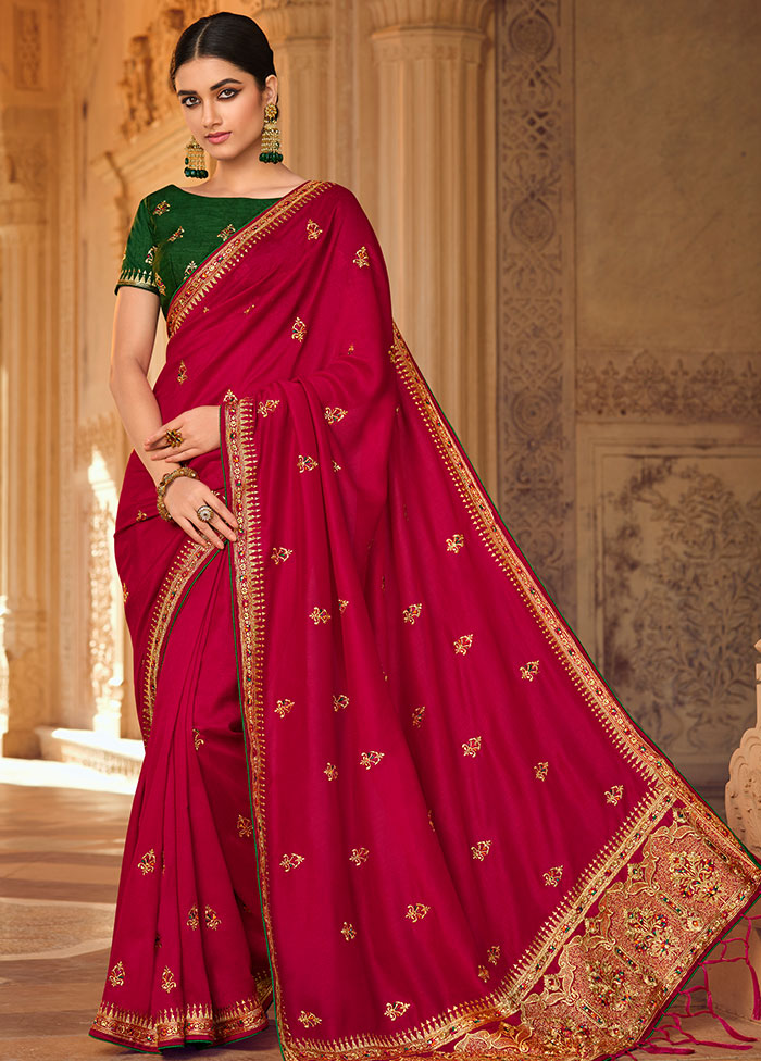 Rani Pink Zari Woven Spun Silk Saree With Blouse Piece