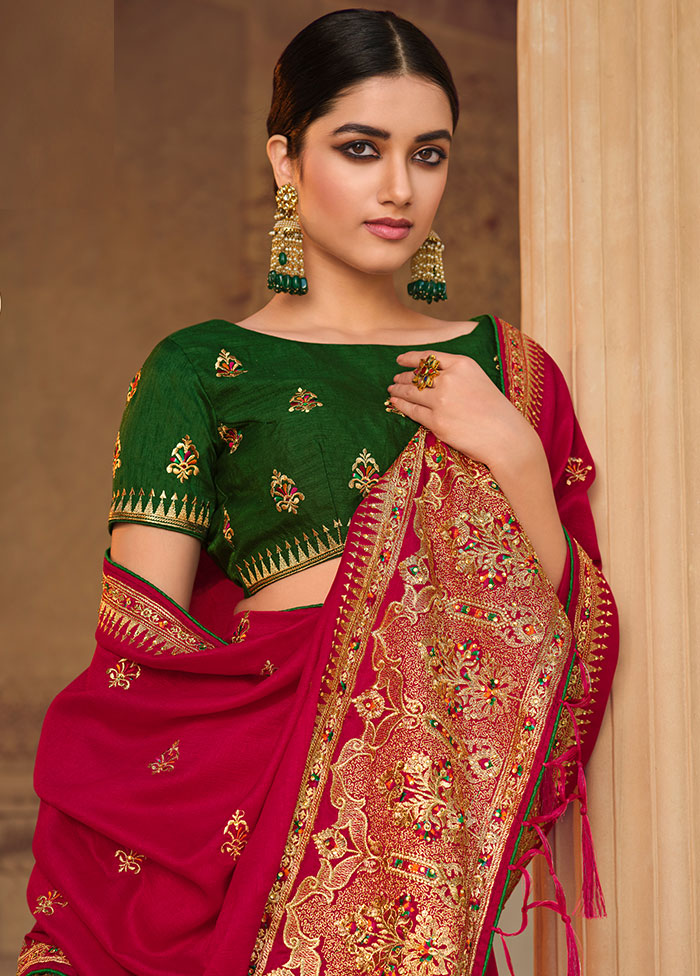 Rani Pink Zari Woven Spun Silk Saree With Blouse Piece