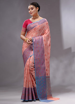 Peach Spun Silk Saree With Blouse Piece