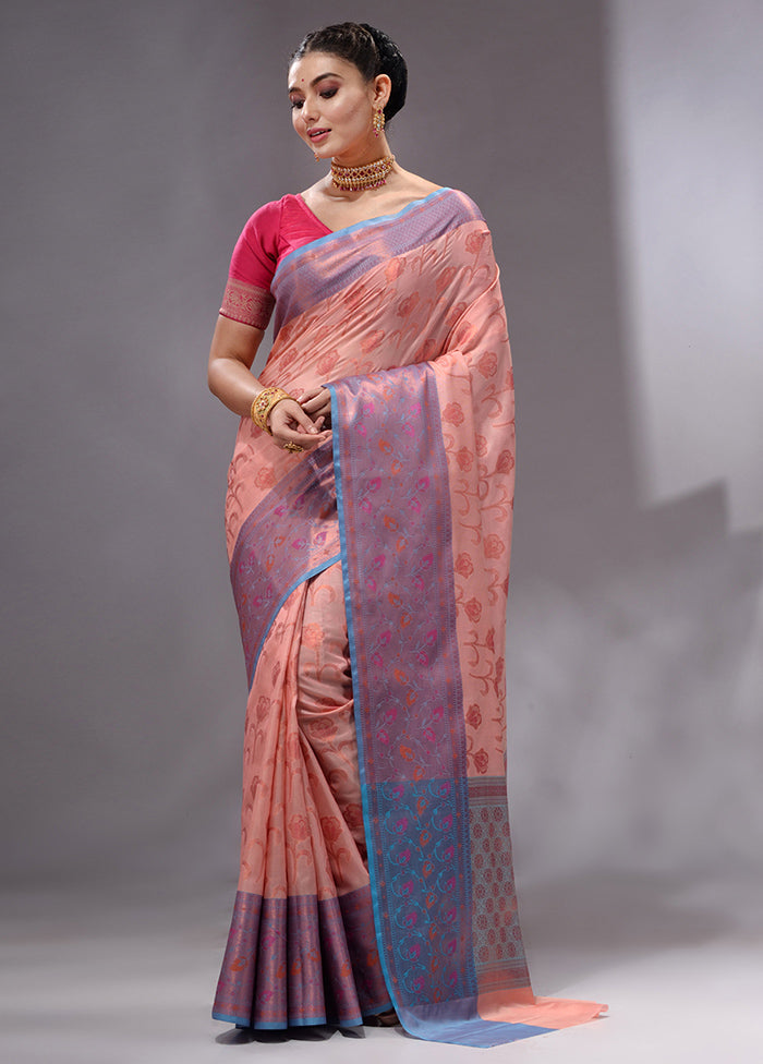 Peach Spun Silk Saree With Blouse Piece