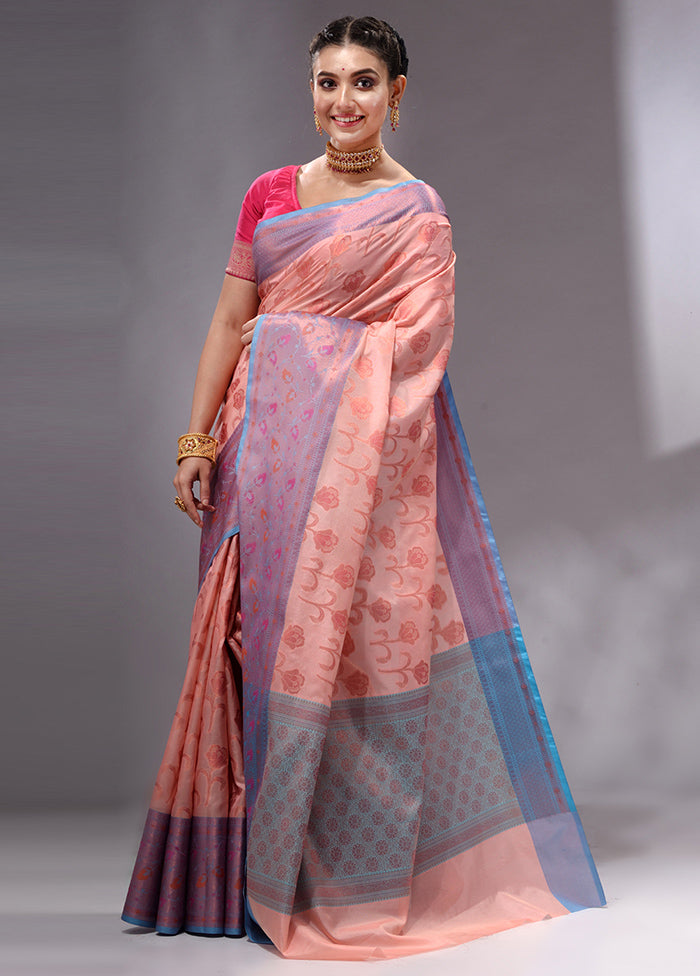 Peach Spun Silk Saree With Blouse Piece