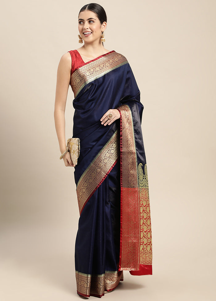 Navy Blue Dupion Silk Saree With Blouse Piece