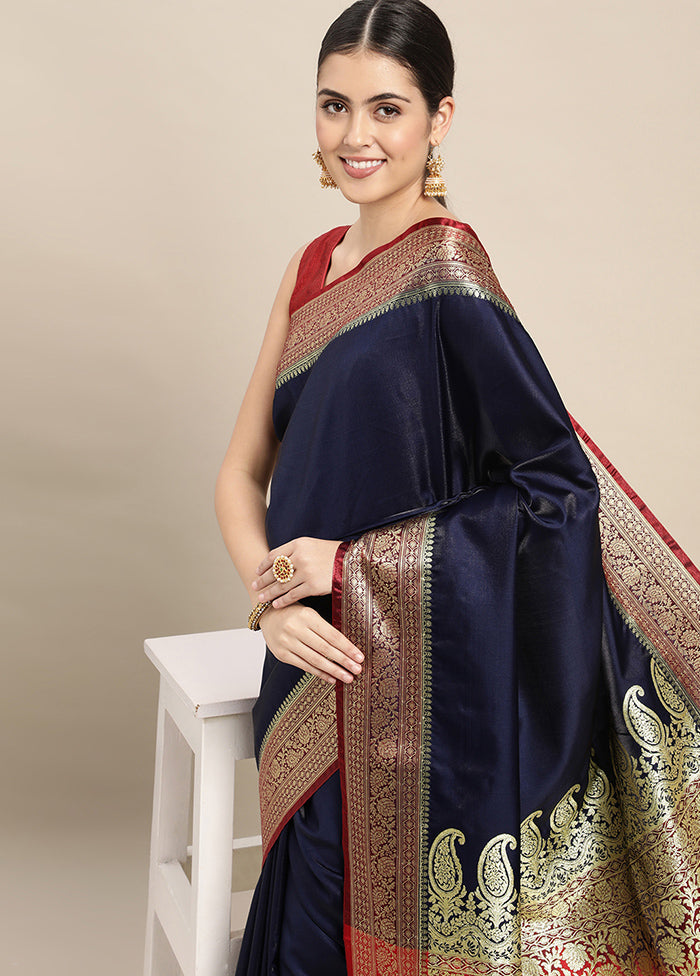 Navy Blue Dupion Silk Saree With Blouse Piece