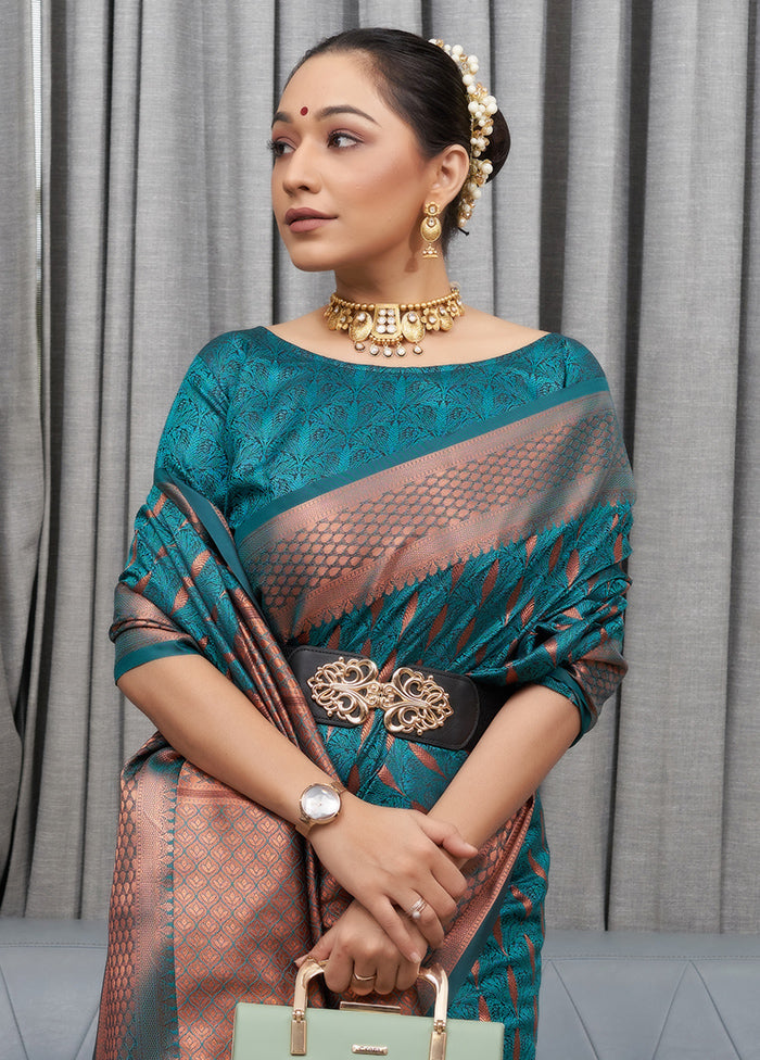 Teal Dola Silk Zari Woven Saree With Blouse