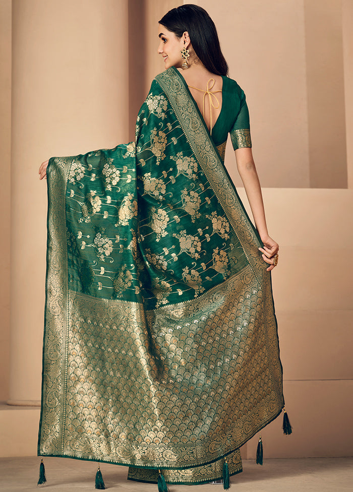 Dark Green Spun Silk Saree With Blouse Piece