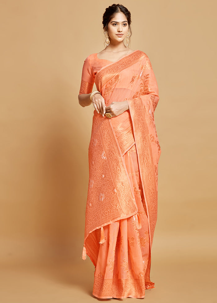 Peach Spun Silk Saree With Blouse Piece