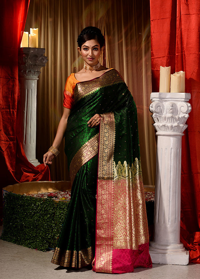 Dark Green Dupion Silk Saree With Blouse Piece