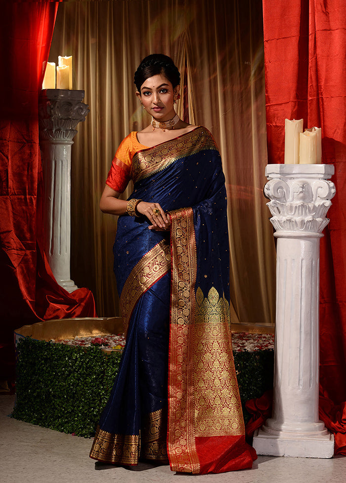 Navy Blue Dupion Silk Saree With Blouse Piece