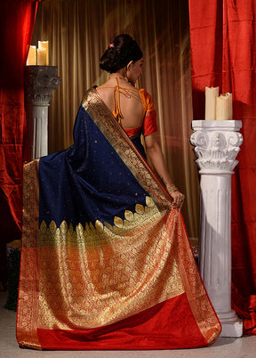 Navy Blue Dupion Silk Saree With Blouse Piece