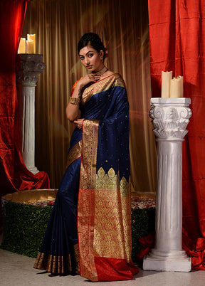 Navy Blue Dupion Silk Saree With Blouse Piece