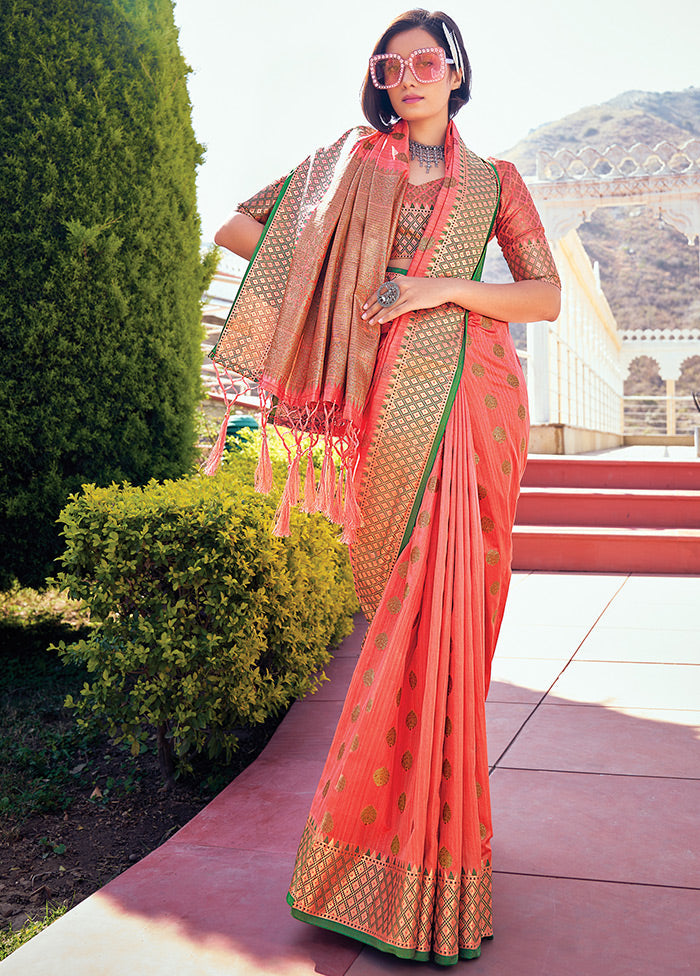 Peach Spun Silk Saree With Blouse Piece