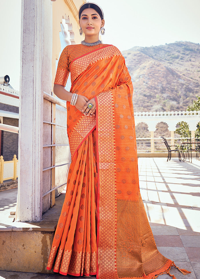 Orange Spun Silk Saree With Blouse Piece