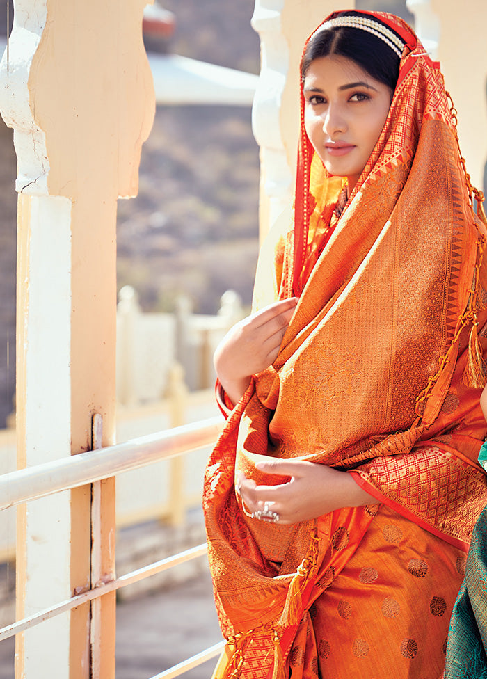 Orange Spun Silk Saree With Blouse Piece