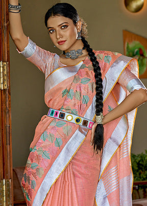 Peach Spun Silk Saree With Blouse Piece