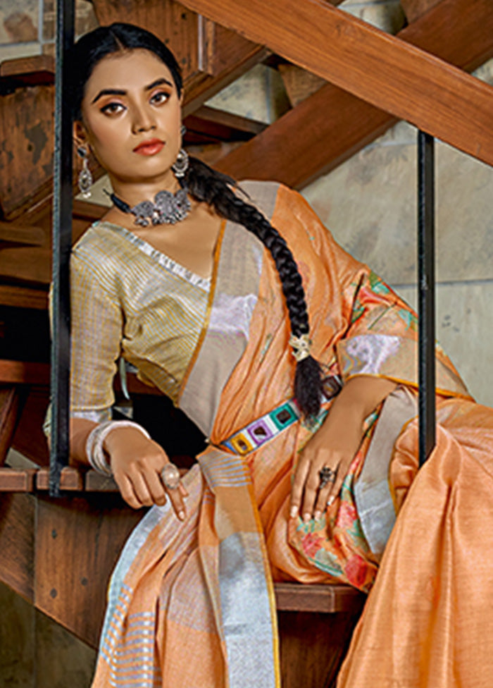 Orange Spun Silk Saree With Blouse Piece