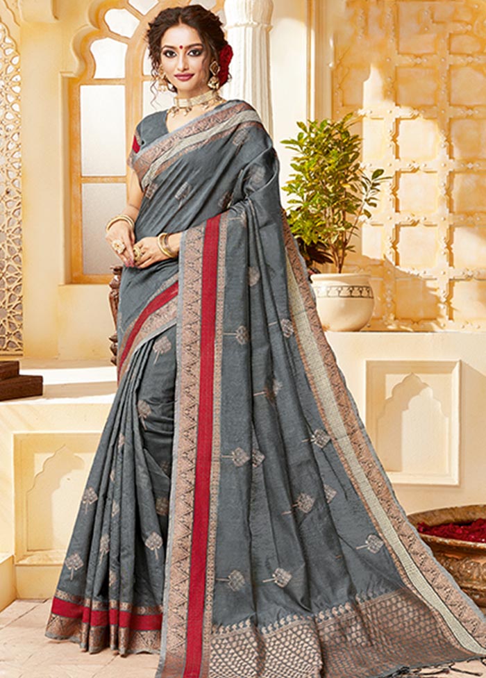 Grey Spun Silk Saree With Blouse Piece