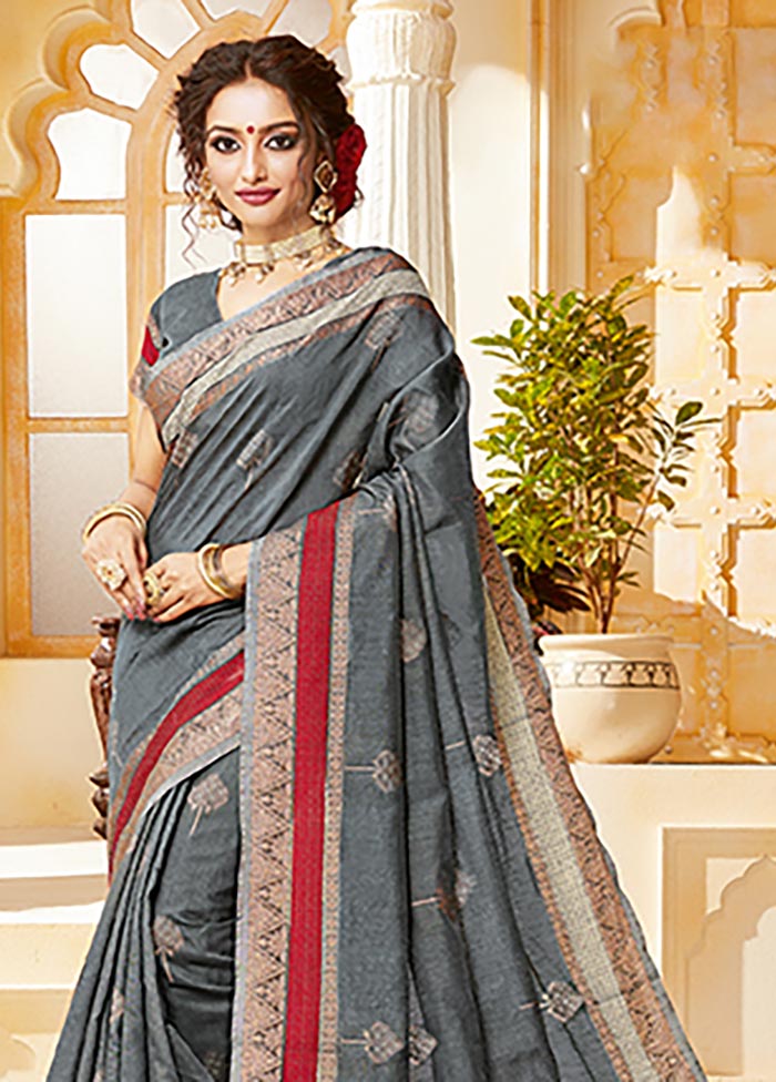 Grey Spun Silk Saree With Blouse Piece