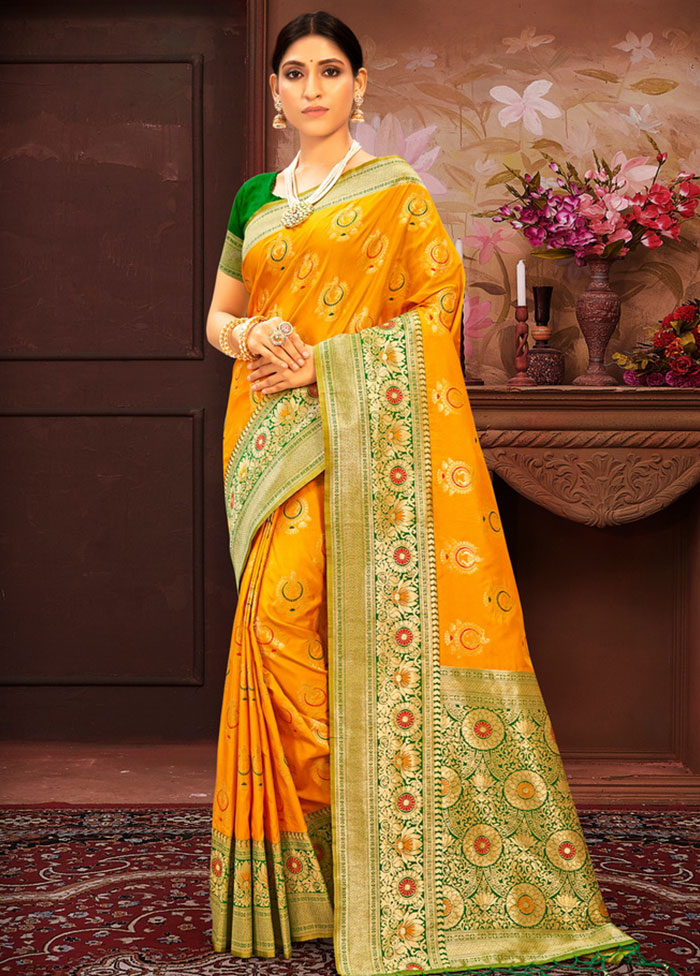 Yellow Spun Silk Saree With Blouse Piece