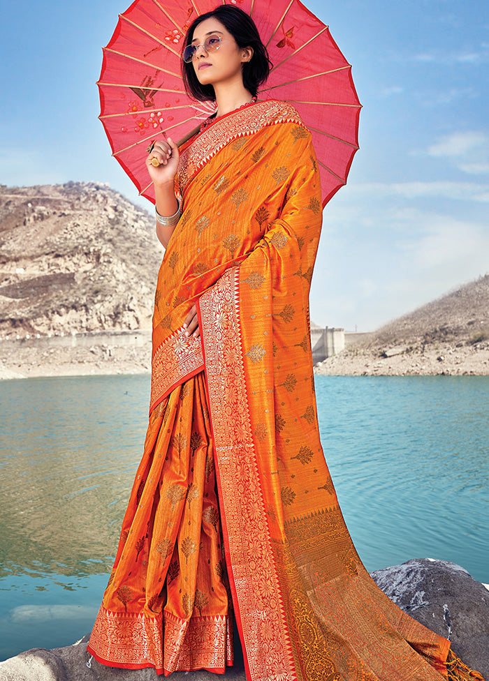 Orange Spun Silk Saree With Blouse Piece