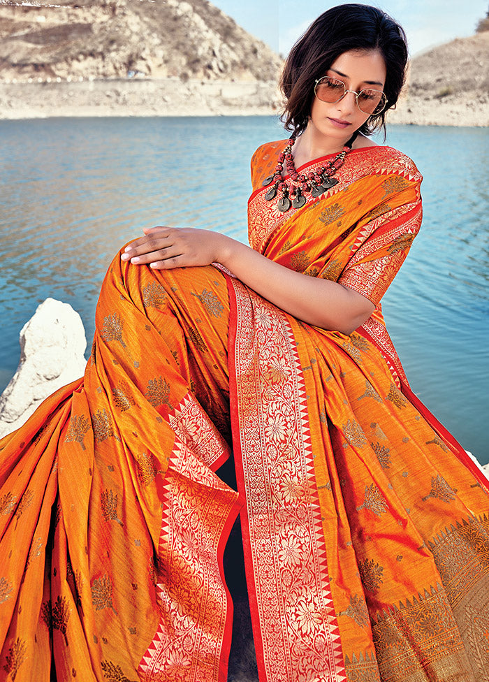 Orange Spun Silk Saree With Blouse Piece