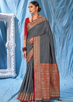 Grey Spun Silk Saree With Blouse Piece