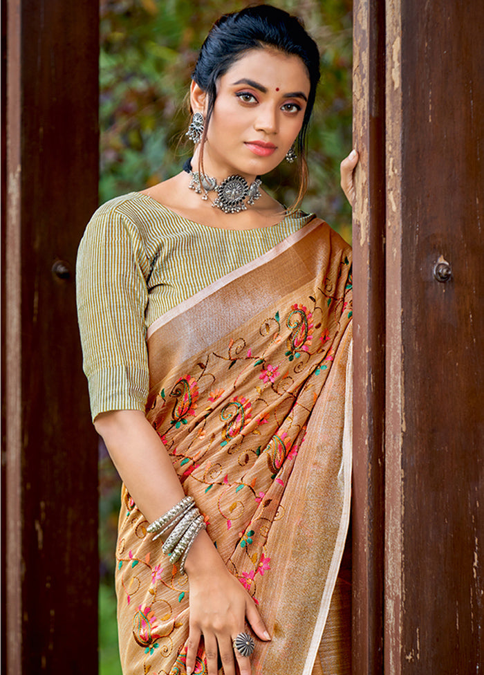 Peach Spun Silk Saree With Blouse Piece