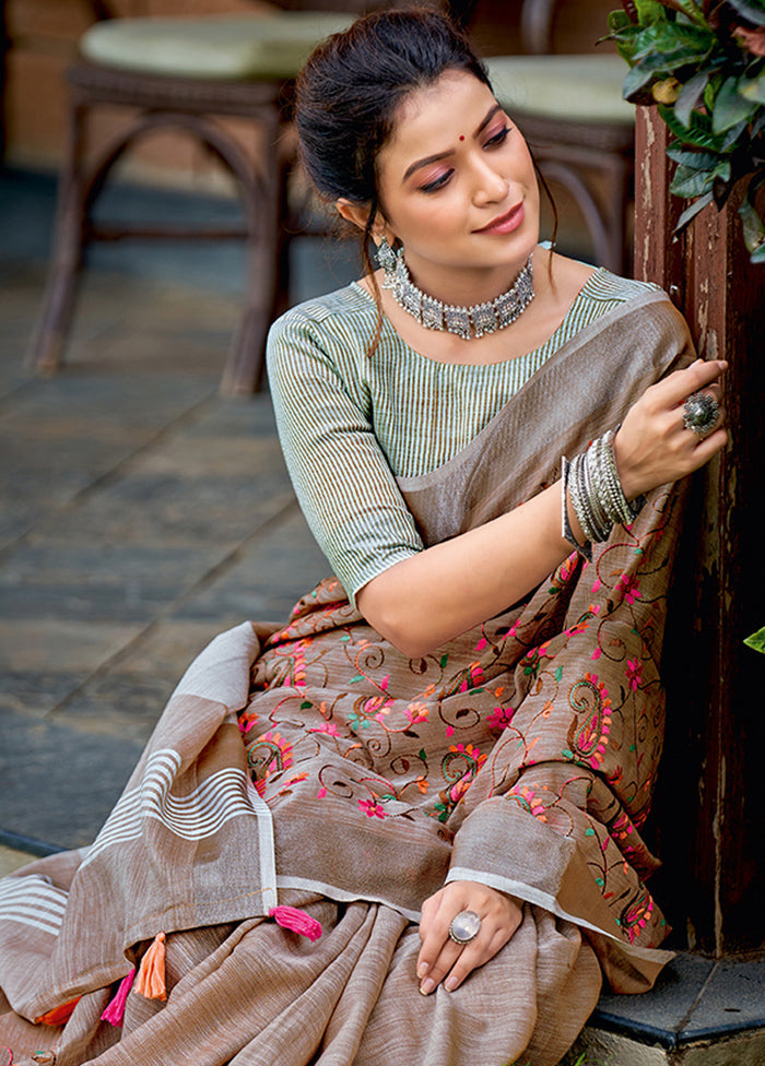 Brown Spun Silk Saree With Blouse Piece