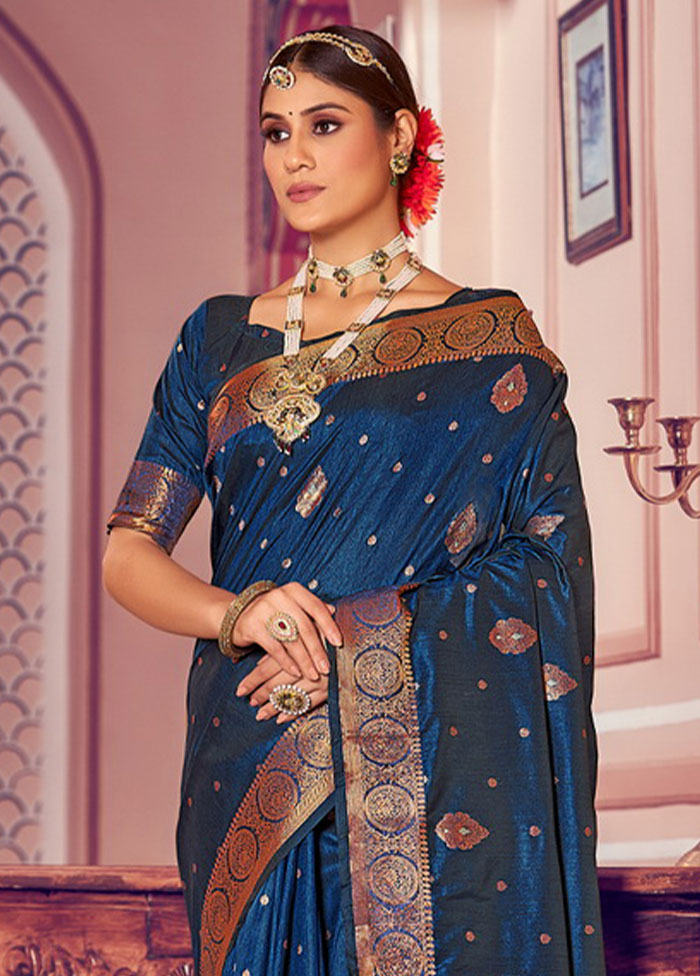 Navy Blue Spun Silk Saree With Blouse Piece