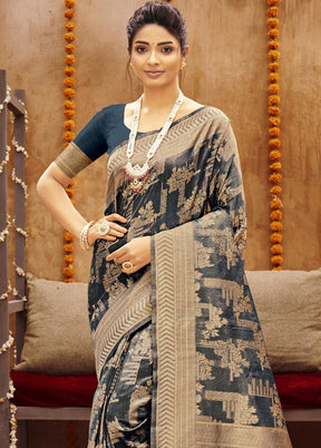 Navy Blue Spun Silk Saree With Blouse Piece