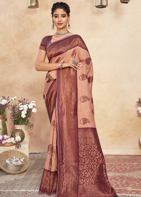 Peach Cotton Saree With Blouse Piece