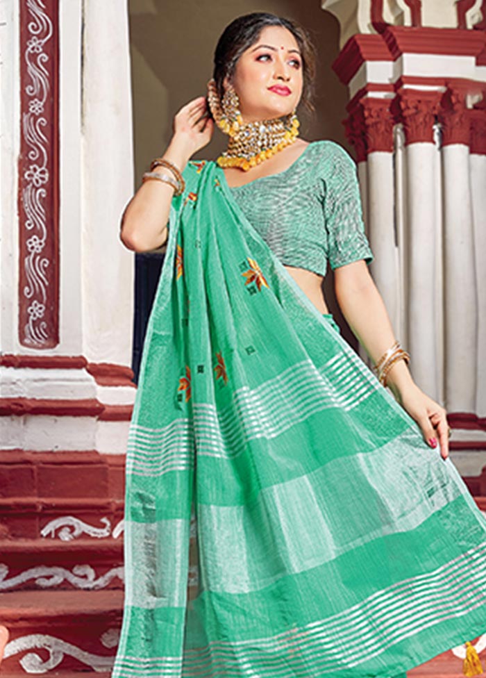 Green Spun Silk Saree With Blouse Piece