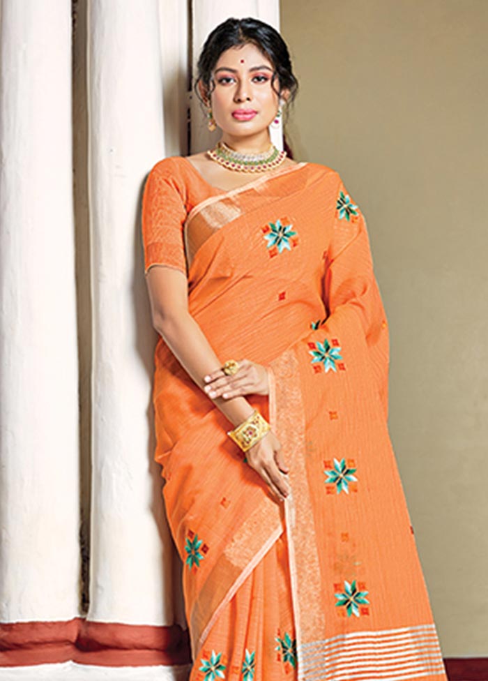 Orange Spun Silk Saree With Blouse Piece