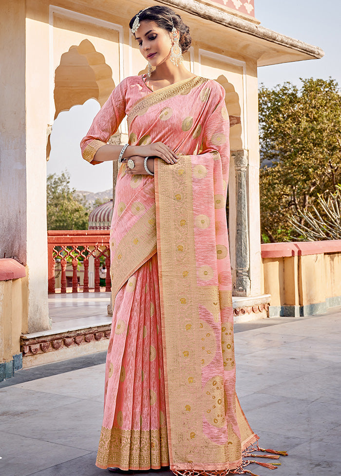 Peach Spun Silk Saree With Blouse Piece