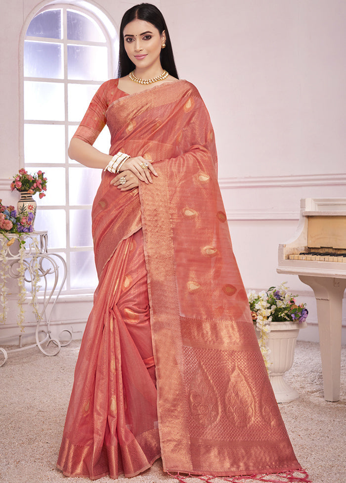 Peach Organza Saree With Blouse Piece