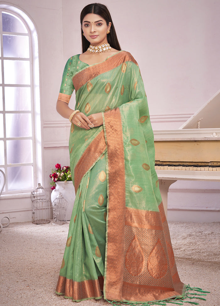 Sea Green Organza Saree With Blouse Piece