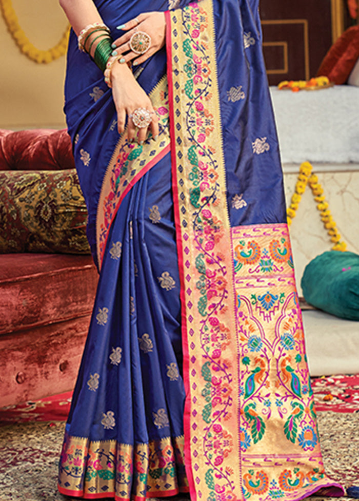 Navy Blue Spun Silk Saree With Blouse Piece