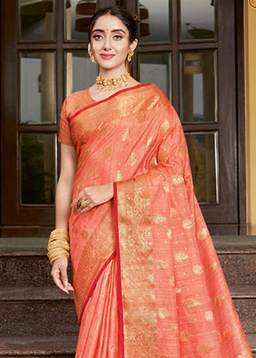 Peach Spun Silk Saree With Blouse Piece