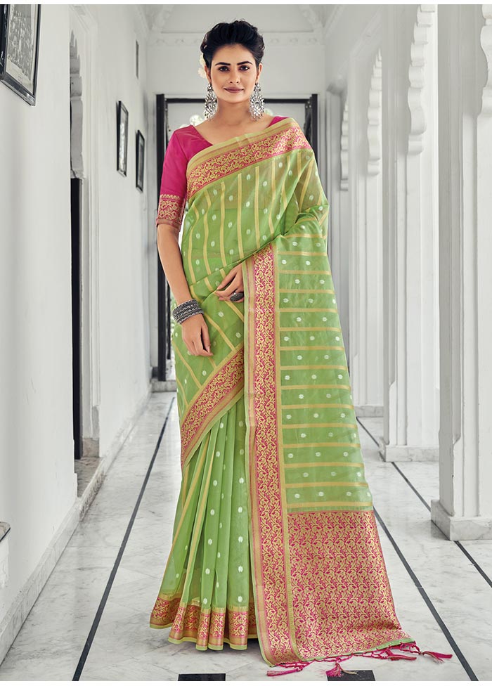 Light Green Spun Silk Saree With Blouse Piece