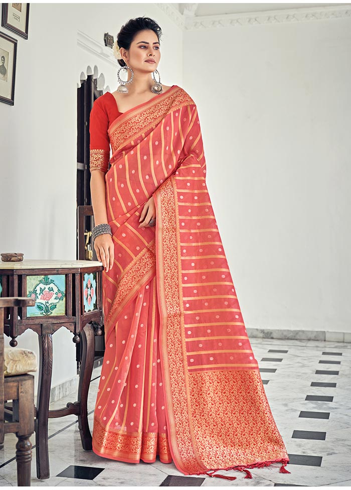 Peach Spun Silk Saree With Blouse Piece