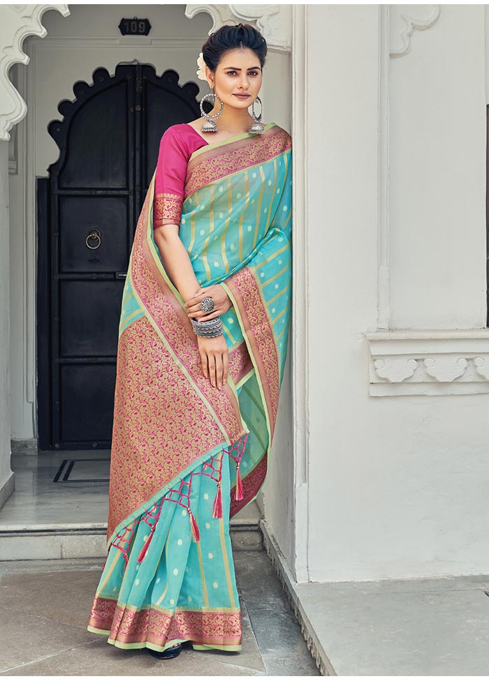 Sky Blue Spun Silk Saree With Blouse Piece