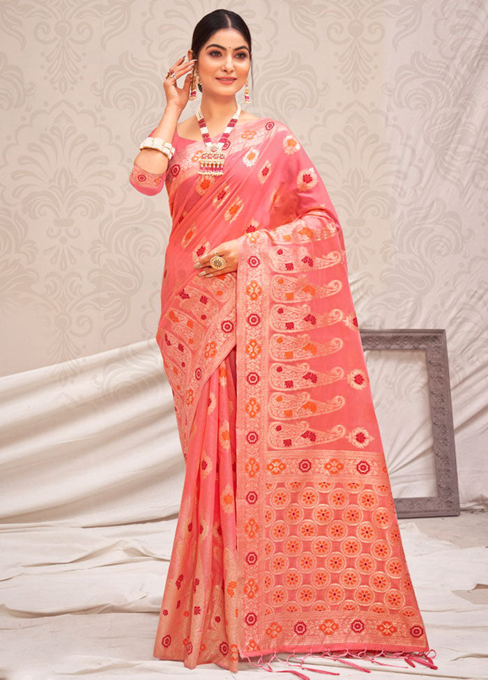 Pink Cotton Saree With Blouse Piece