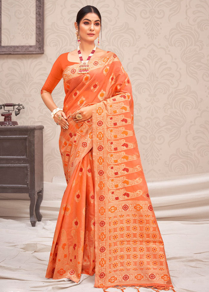 Orange Cotton Saree With Blouse Piece