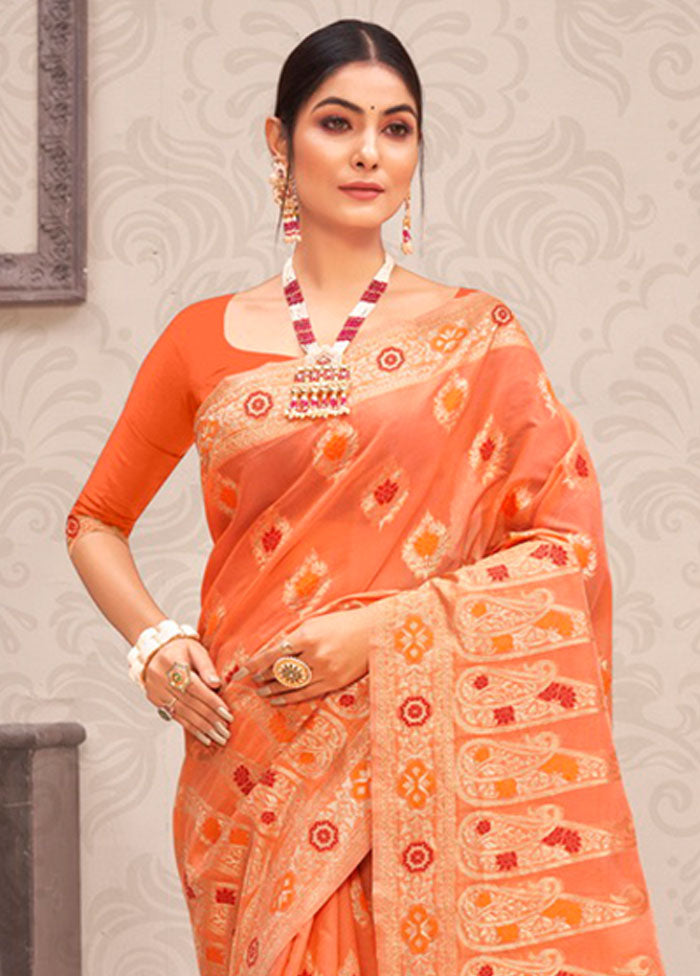 Orange Cotton Saree With Blouse Piece