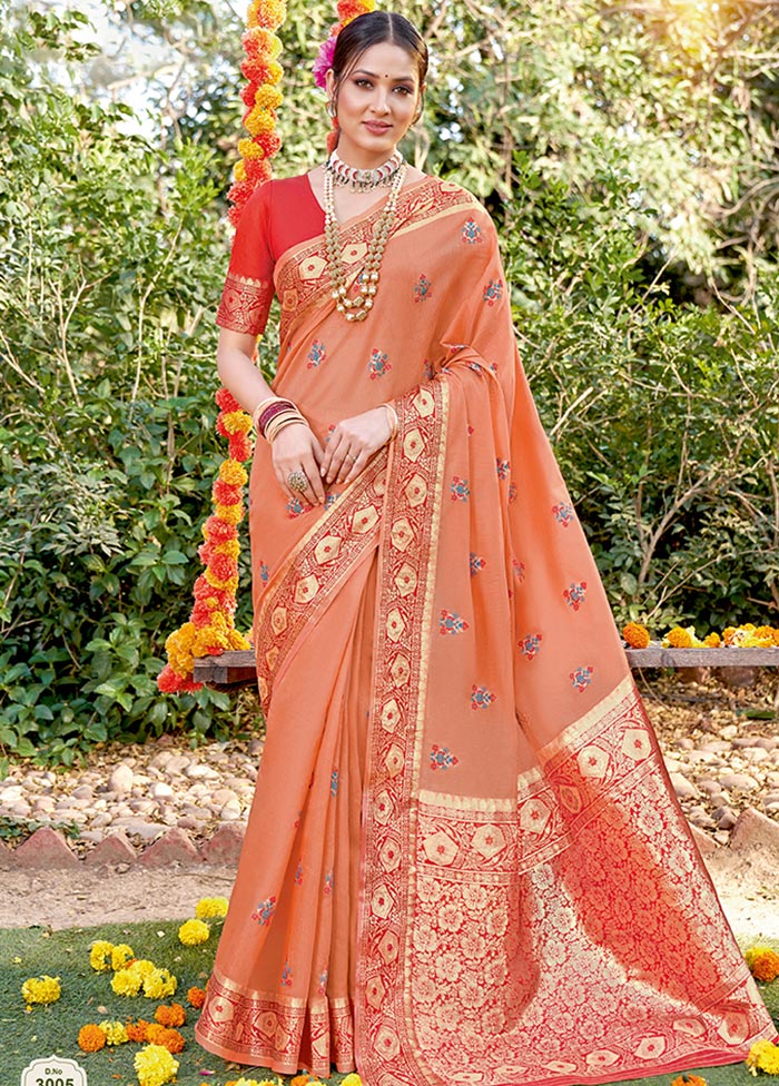 Peach Spun Silk Saree With Blouse Piece