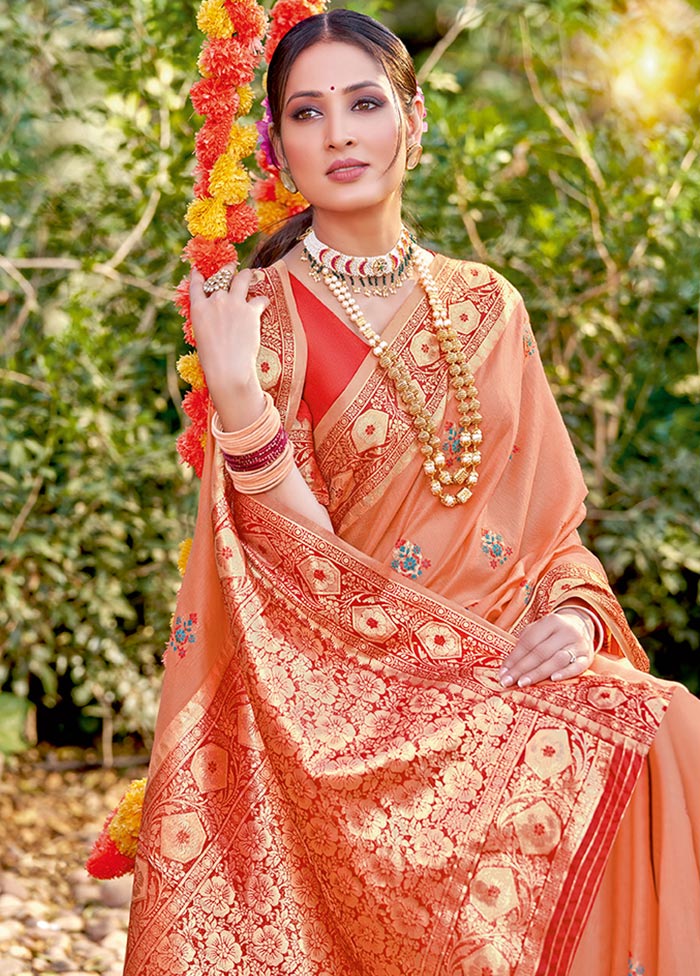 Peach Spun Silk Saree With Blouse Piece