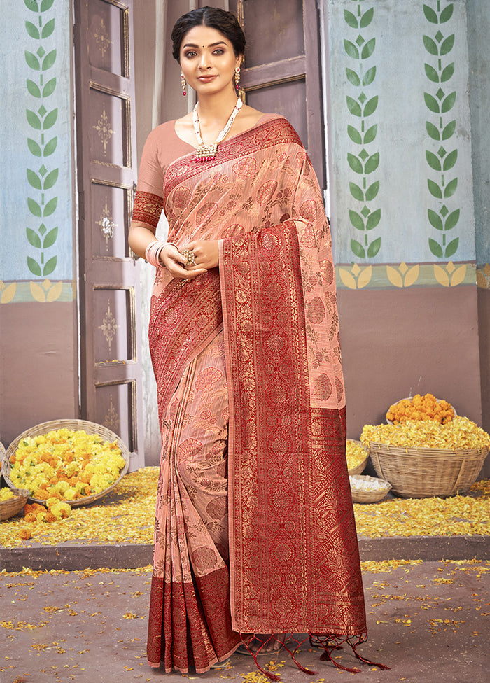 Peach Cotton Saree With Blouse Piece