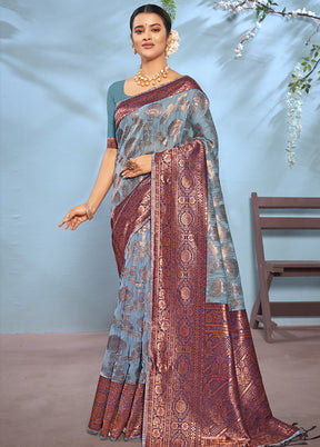 Sky Blue Cotton Saree With Blouse Piece