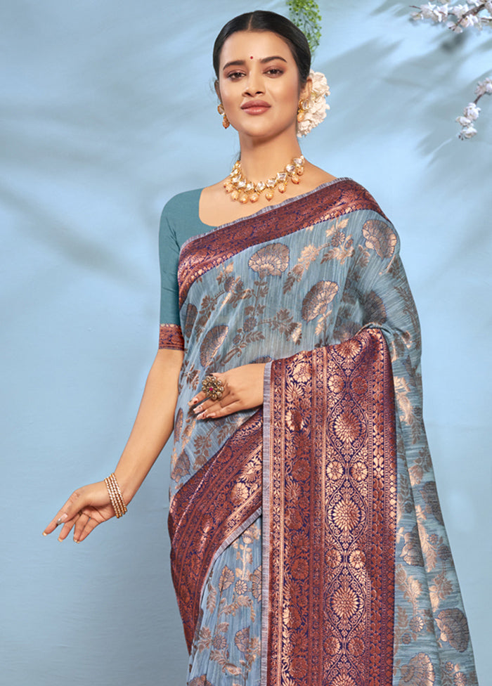 Sky Blue Cotton Saree With Blouse Piece