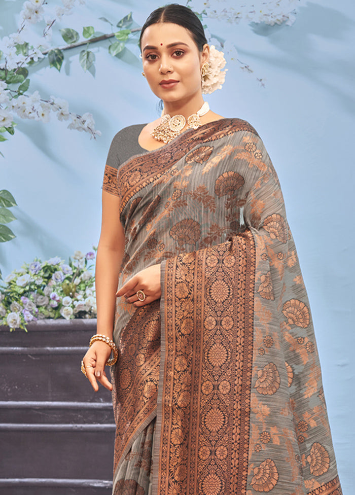 Grey Cotton Saree With Blouse Piece